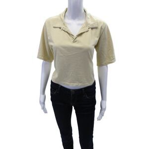 Designer Womens Short Sleeve Collared Basic Blouse Solid Beige Size 3